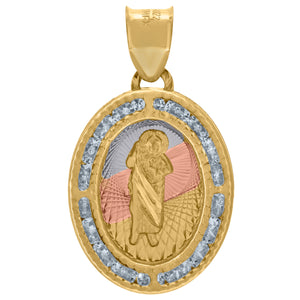 10kt Tri-color Gold Mens Cubic Zirconia Textured Saint Jude Oval Charm Pendant