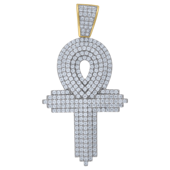 925 Sterling Silver Yellow-Tone Unisex CZ Ankh Cross Religious Charm Pendant