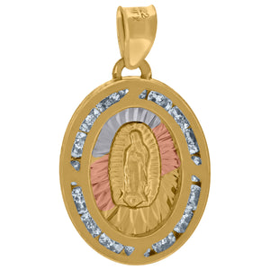 10kt Tri-color Gold Unisex Cubic-zirconia Diamond-cut Lady Of Guadalupe Religious Oval Charm Pendant