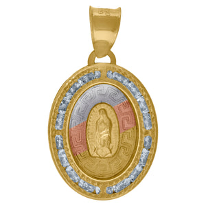 10kt Tri-color Gold Unisex Cubic-zirconia Greek Textured Lady Of Guadalupe Religious Oval Charm Pendant
