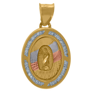 10kt Tri-color Gold Unisex Cubic-zirconia Textured Lady Of Guadalupe Religious Oval Charm Pendant