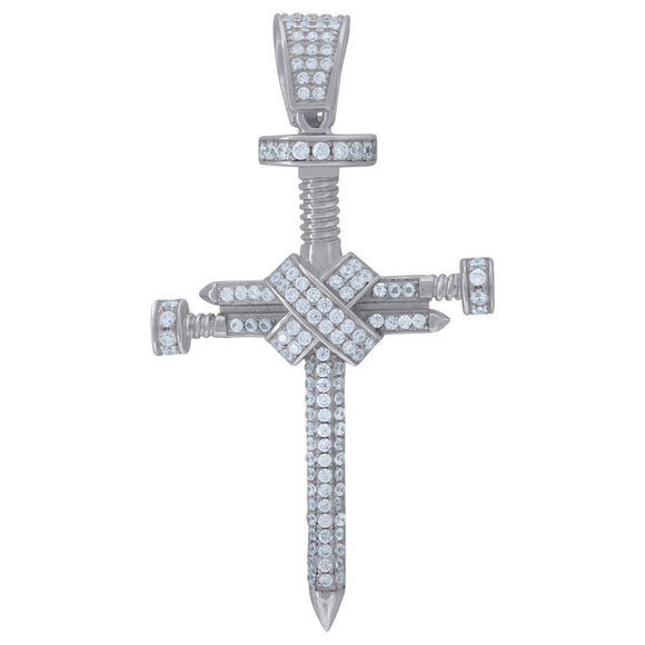 925 Sterling Silver Mens Cubic Zirconia Religious Nail Cross Charm Pendant
