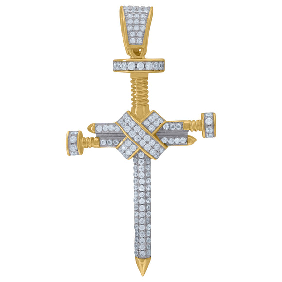 925 Sterling Silver Yellow-tone Mens Cubic Zirconia Religious Nail Cross Charm Pendant