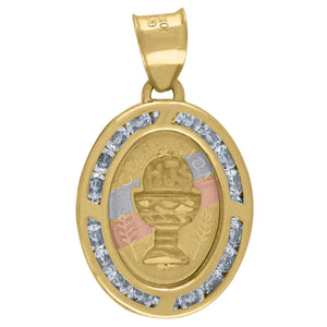 14kt Tri-color Gold Unisex CZ Textured First Communion Religious Oval Charm Pendant