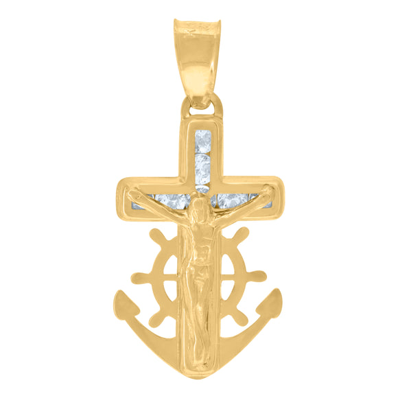 14kt Yellow Gold Womens Cubic Zirconia Anchor Crucifix Cross Religious Charm Pendant