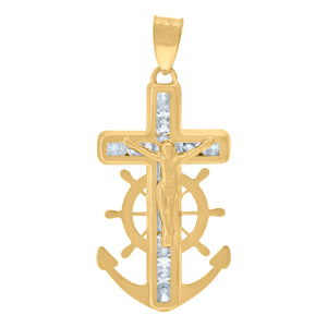 14kt Yellow Gold Womens Cubic Zirconia Anchor Crucifix Cross Religious Charm Pendant