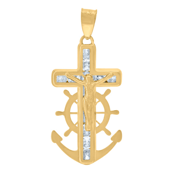 14kt Yellow Gold Womens Cubic Zirconia Anchor Crucifix Cross Religious Charm Pendant