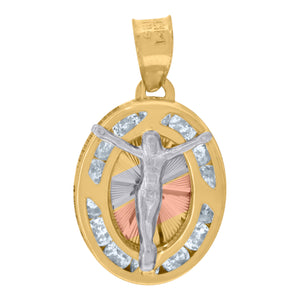 14kt Tri-color Gold Womens Cubic Zirconia Diamond-cut Textured Crucifix Religious Charm Pendant