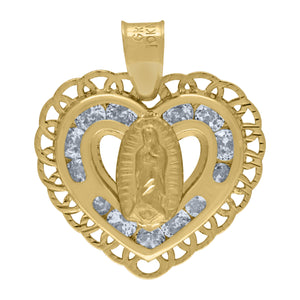 14kt Yellow Gold Womens CZ Textured Lady Of Guadalupe Religious Heart Shaped Charm Pendant