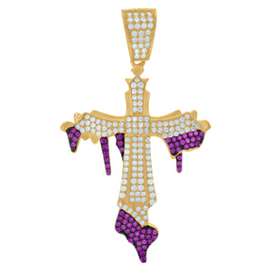 925 Sterling Silver Yellow-tone Unisex Purple CZ Cross Dripping Religious Charm Pendant
