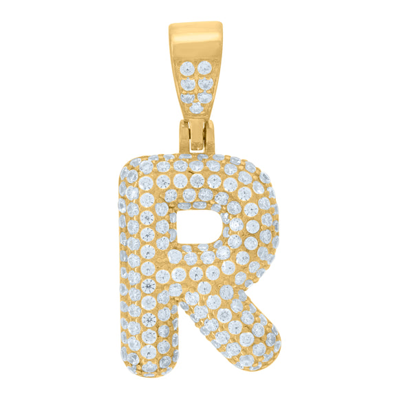 925 Sterling Silver Yellow-tone Unisex CZ Initial Alphabet R Charm Pendant