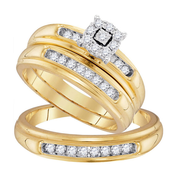 10kt Yellow Gold His Hers Round Diamond Solitaire Matching Wedding Set 3/8 Cttw