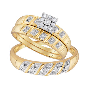 10kt Yellow Gold His Hers Round Diamond Cluster Matching Wedding Set 1/8 Cttw