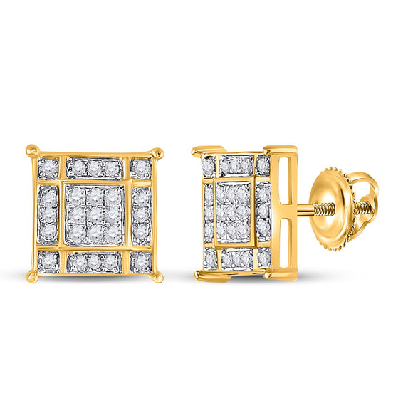 Yellow-tone Sterling Silver Mens Round Diamond Square Earrings 1/4 Cttw