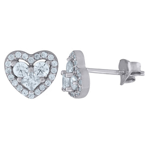 925 Sterling Silver Unisex Cubic Zirconia Heart Stud Earrings