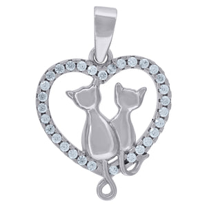 925 Sterling Silver Womens Cubic Zirconia Heart Cat Charm Pendant