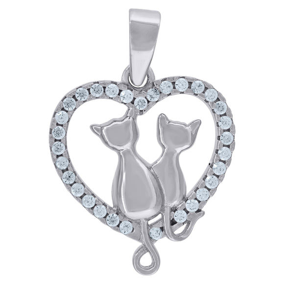 925 Sterling Silver Womens Cubic Zirconia Heart Cat Charm Pendant