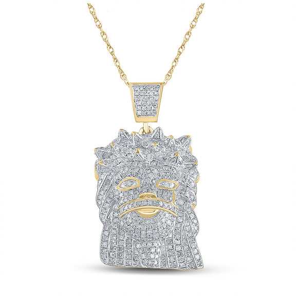 Yellow-tone Sterling Silver Mens Round Diamond Jesus Face Charm Pendant 1-3/4 Cttw