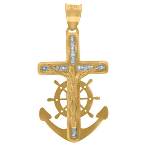 10kt Yellow Gold Unisex Cubic-zirconia Textured Crucifix Anchor Religious Charm Pendant