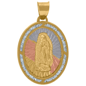 10kt Tri-color Gold Unisex Cubic-zirconia Diamond-cut Lady Of Guadalupe Religious Oval Charm Pendant