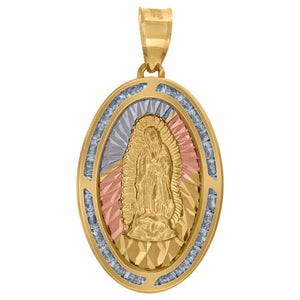 10kt Tri-color Gold Unisex Cubic-zirconia Diamond-cut Lady Of Guadalupe Religious Oval Charm Pendant