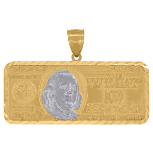 10kt Two-Tone Gold Mens 100 Dollar Bill Currency Diamond Cut Pendant