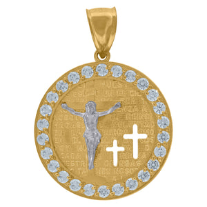10kt Yellow Gold Unisex Cubic Zirconia Cubic-zirconia Crucifix Religious Round Medal Pendant