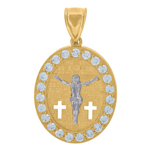 10kt Yellow Gold Unisex Cubic Zirconia Cubic-zirconia Crucifix Religious Oval Medal Pendant