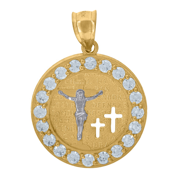 10kt Yellow Gold Unisex Cubic Zirconia Cubic-zirconia Crucifix Religious Round Medal Pendant