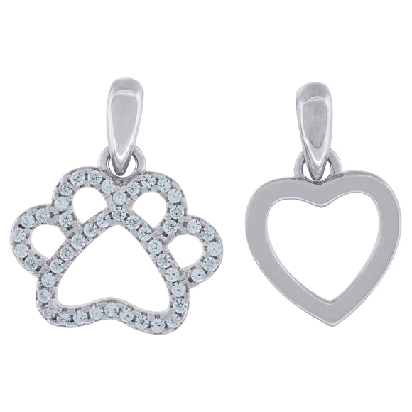 925 Sterling Silver Womens Cubic-Zirconia Paw & Heart Charm Pendant