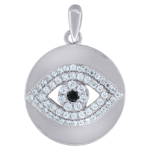 925 Sterling Silver Mens Black White Cubic-Zirconia Evil Eye Goodluck Charm Pendant