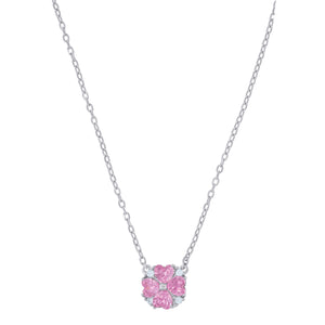 925 Sterling Silver Women Pink Cubic Zirconia Fashion Flower Necklace