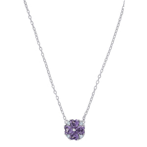 925 Sterling Silver Women Violet Cubic Zirconia Fashion Flower Necklace