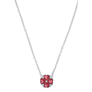 925 Sterling Silver Women Red Cubic Zirconia Fashion Flower Necklace