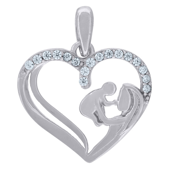 925 Sterling Silver Womens Cubic-Zirconia Mom & Child Heart Charm Pendant