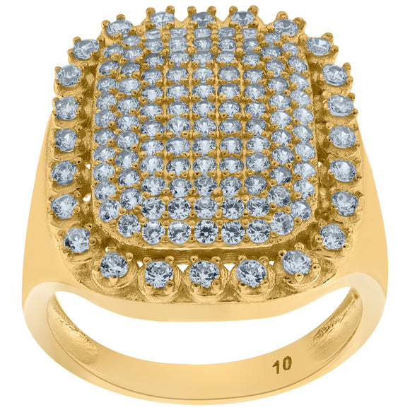 10kt Yellow Gold Mens Round Cubic Zirconia Rectangle Head Engagement Ring