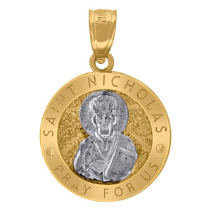 10kt Two-tone Gold Unisex Textured Saint Nicholas Pray For Us Religious Charm Pendant