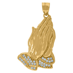 10kt Yellow Gold Unisex Cubic Zirconia Cubic-zirconia Praying Hands Religious Charm Pendant