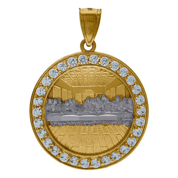 10KT Two-Tone Gold Mens Cubic Zirconia Last Supper Medallion Religious Charm Pendant