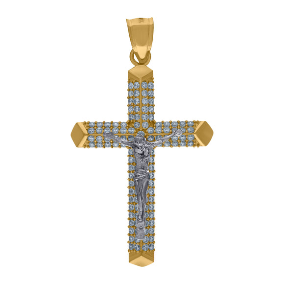 10kt Two-Tone Gold Men Cubic-zirconia Religious Crucifix Pendant