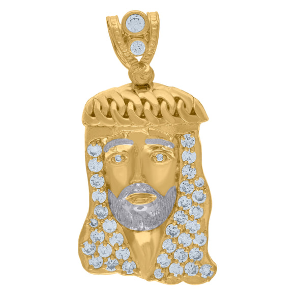10KT Two-Tone Gold Mens Cubic Zirconia Jesus Religious Charm Pendant
