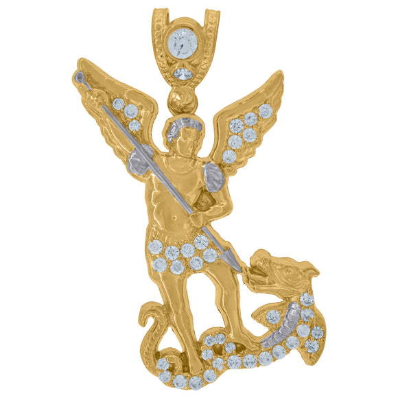 10KT Two-Tone Gold Mens Cubic Zirconia Saints St. Michael Religious Charm Pendant
