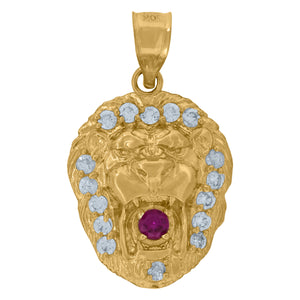 10KT Yellow Gold Mens White Pink Cubic Zirconia Lion Head Charm Pendant