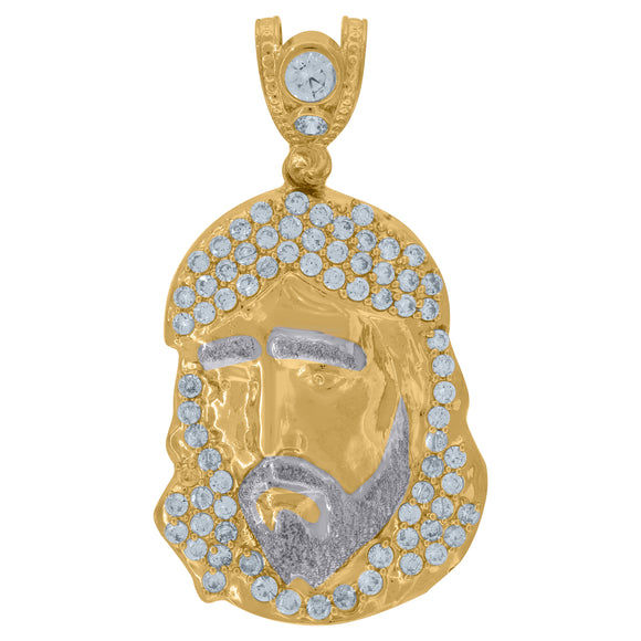 10KT Two-Tone Gold Mens Cubic Zirconia Jesus Religious Charm Pendant