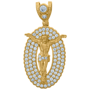 10KT Yellow Gold Mens Cubic Zirconia Crucifix Oval Religious Charm Pendant