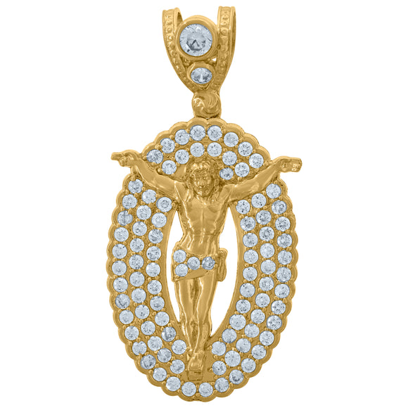 10KT Yellow Gold Mens Cubic Zirconia Crucifix Oval Religious Charm Pendant