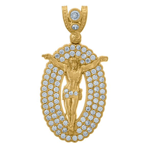 10KT Yellow Gold Mens Cubic Zirconia Crucifix Oval Religious Charm Pendant