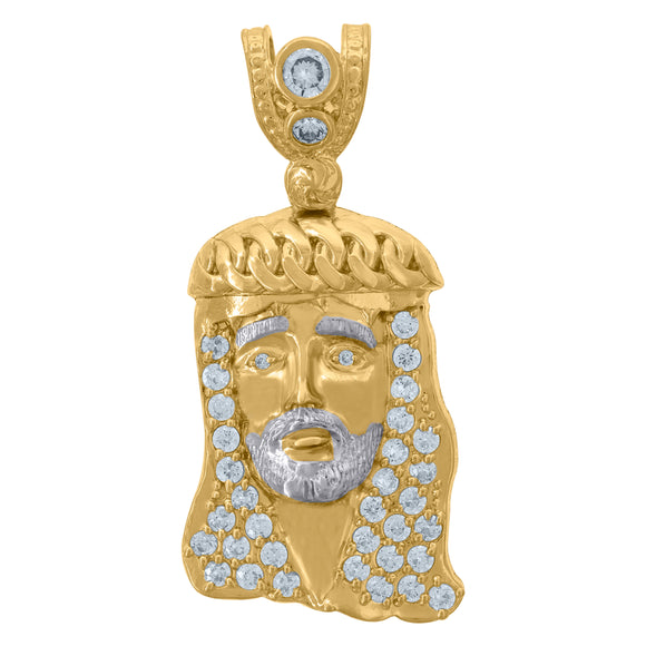 10KT Two-Tone Gold Mens Cubic Zirconia Jesus Religious Charm Pendant