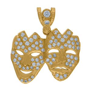 10KT Yellow Gold Mens Cubic Zirconia Comedy Tragedy Mask Fashion Charm Pendant