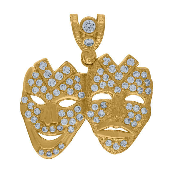 10KT Yellow Gold Mens Cubic Zirconia Comedy Tragedy Mask Fashion Charm Pendant